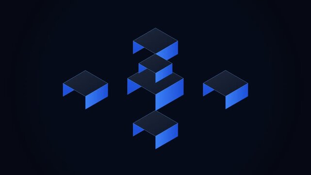 Minimalist digital blue isometric blocks arranged on a dark black background
