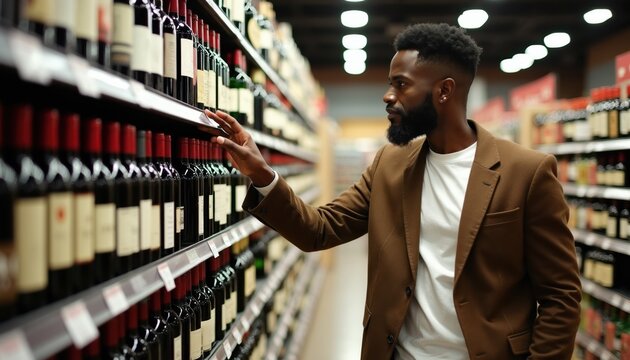 Man in brown jacket shops for wine bottles on store shelf. He touches bottle looking for best option. Customer chooses red drink beverage. Alcohol aisle choice.