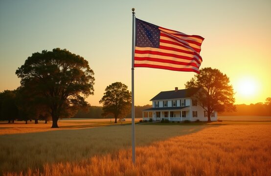 American flag flies over wheat field. White farmhouse stands at golden sunset light. Rural landscape shows trees, distant horizon. Peaceful agrarian scene.