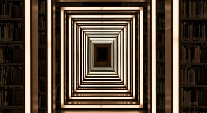 Futuristic infinity tunnel framed by illuminated warm rectangular light borders inside dark library surrounded by rows of classic books in bookshelf walls