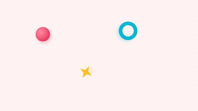 Minimalist graphic elements including a pink sphere a blue ring and a star