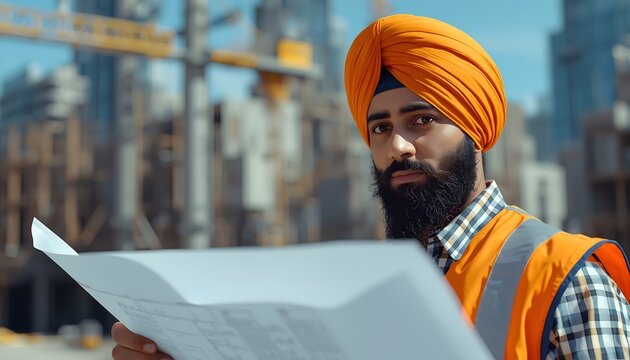 Professional sikh site engineer reviewing construction blueprints outdoors under clear blue sky at an active development project during daytime
