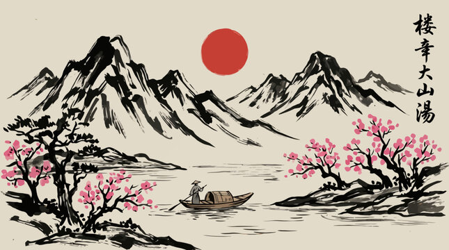 Traditional Japanese Ink Painting Mountain Sunset Scene. EPS Editable. Vector Illustrations.
