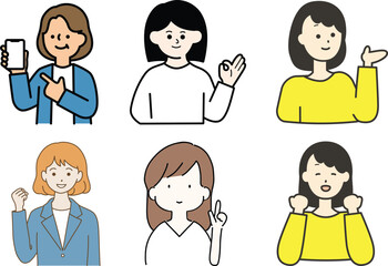 Fototapeta premium Illustration set featuring various women characters showing positive expressions and hand gestures.