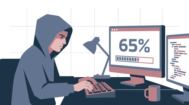 Hacker in Hoodie Stealing Data with Progress Bar Illustration