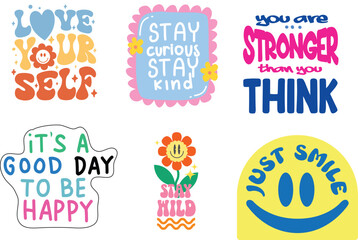 Fototapeta premium Positive affirmation quote stickers collection featuring retro typography and cute bright artwork.