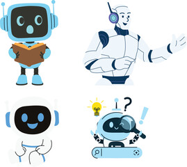 Robotic assistant reading book and searching online with magnifying glass and explaining concepts.