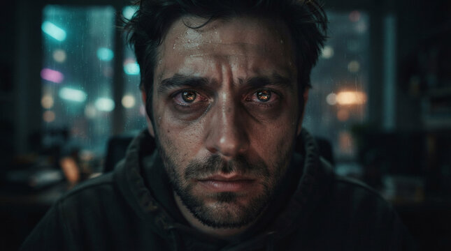 An extreme close-up of a tired male software engineer's face at night. His eyes are wide with exhaustion, reflecting a complex but clean pattern of glowing amber and soft red light paths from a pc