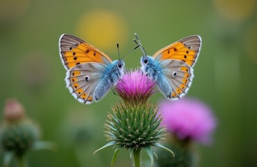 Fototapeta premium Two copper butterflies sit on a pink thistle flower. Their orange wings have black spots. They are in soft focus green field during daytime. Macro view.