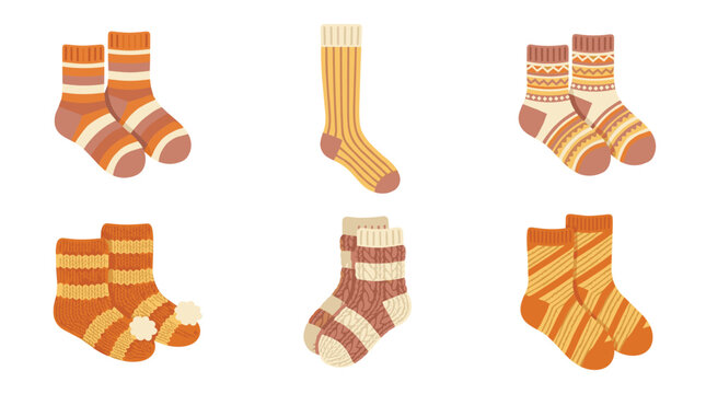 Collection of six pairs of pixel art socks in warm orange and beige tones, featuring diverse knitted patterns and textures, isolated on a white background
