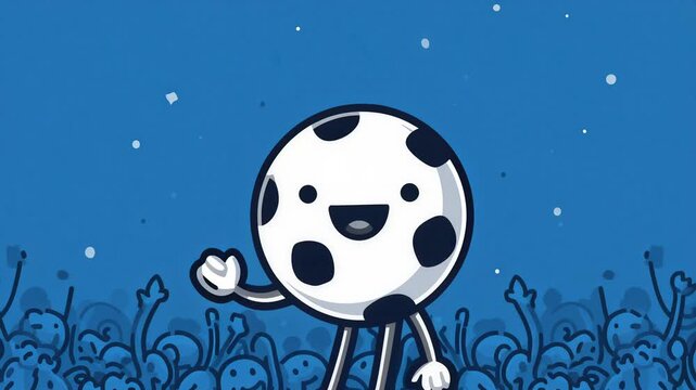 Cute Cartoon Soccer Ball Character Waving to Cheering Crowd Under Starry Sky.