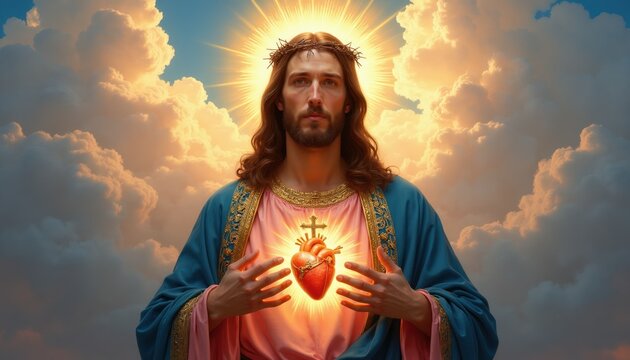 Jesus Christ with Sacred Heart and crown of thorns glows in heaven. Divine light shines from holy heart and radiant halo above. Peaceful savior offers blessing in sky.