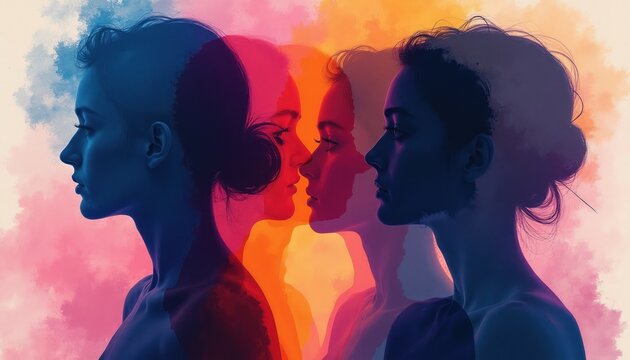 Abstract profile portraits layered and blended with vibrant colors. Human forms convey complex emotional states about identity and mental wellness concepts.