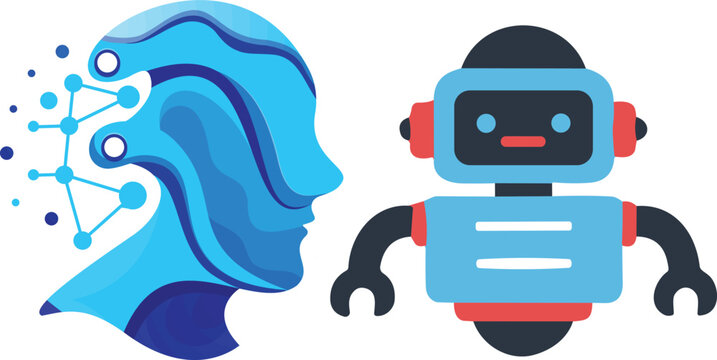 Futuristic concept of artificial intelligence with digital brain profile and small robot friend.