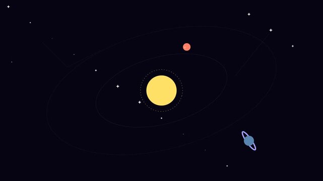 Minimalist pixel art depiction of a yellow star and orbiting planets
