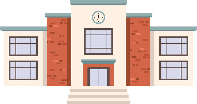 Illustration of a School Building with Entrance Door, Windows, and Clock Tower