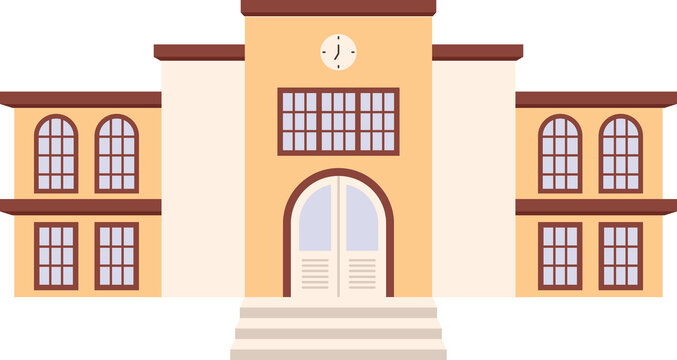 Illustration of a School Building with Entrance Door, Windows, and Clock Tower