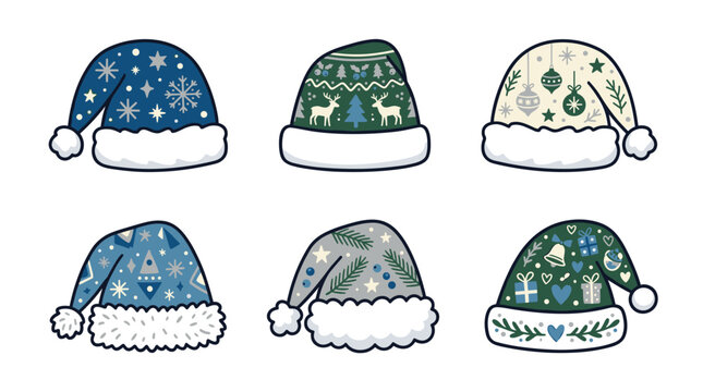 Collection of six pixel art Santa hats in various festive patterns and colors, winter holiday theme, isolated on white background