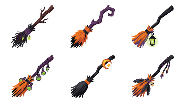 Collection of six pixel art witch brooms with orange bristles and purple handles, decorated with potion bottles, lanterns, and moons, halloween vector elements