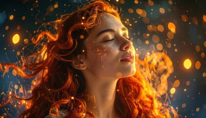 Fototapeta premium A young woman with vibrant red hair and freckles closes her eyes, surrounded by glowing bokeh lights and sparkles.