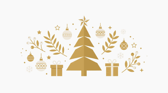 Golden Christmas Tree Decoration: A stylized golden Christmas tree is adorned with festive ornaments, snowflakes, gift boxes, and botanical elements.