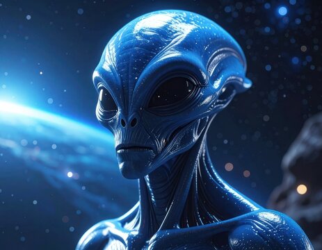 A close-up, detailed portrait of a blue alien with large dark eyes, set against a cosmic backdrop.