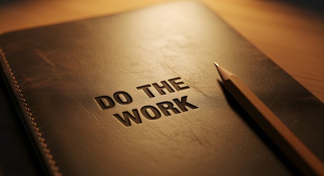 Close up of a leather-bound notebook embossed with the motivational quote do the work alongside a sharp wooden pencil on table
