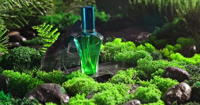 Fresh green perfume on moss in dark hazy forest.