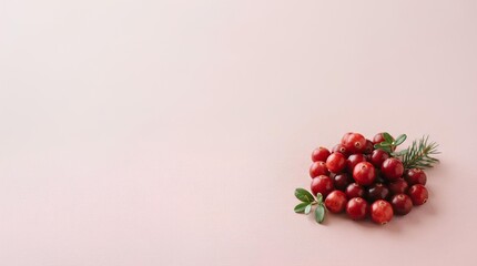 A small cluster of fresh cranberries placed near the bottom right of a large pale pink card background, with most of the frame left empty as negative space for holiday fruit or antioxidant copy.
