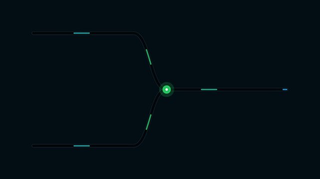 Minimalist digital interface design featuring two merging data flow lines