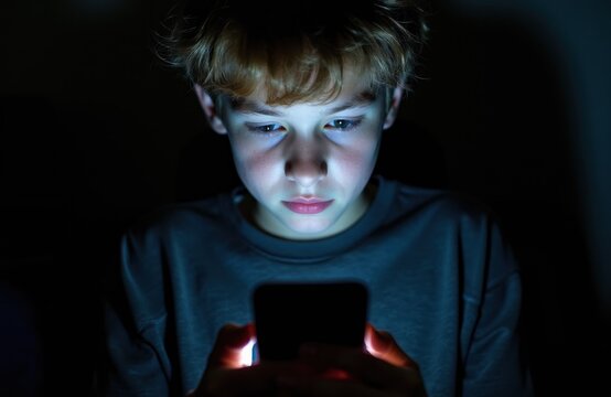 Teen boy with red hair looks at phone screen glowing in dark room. Boy uses mobile device at night, absorbed in online world. Addiction concept.