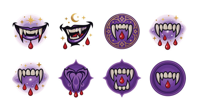 Pixel art set of vampire fangs with dripping blood, moon, stars, and ornate purple backgrounds, stylized spooky icons