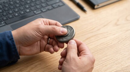 Fototapeta premium Man playing with a metal fidget spinner at his wooden desk