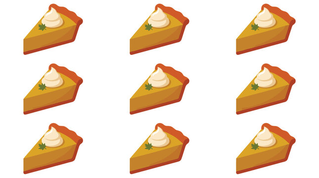 Seamless pattern of pumpkin pie slices with whipped cream and mint leaf garnish, pixel art illustration for autumn holidays