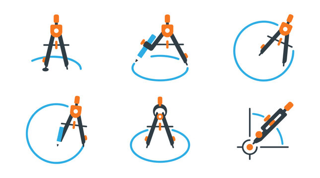 Set of drawing compass icons showing circle creation and geometric measurement, engineering and drafting tools, digital illustration