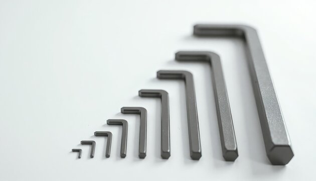 Set of hex keys in graduated sizes arranged neatly on white surface. Tools for mechanics, DIY, construction, engineering projects. Precision instruments for assembly.