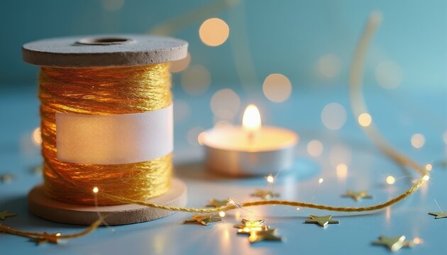 Spool of gold thread with white label sits near lit candle and tiny star shapes. Twine is wrapped with small fairy lights creating festive bokeh effect. Ready for crafting or gift wrapping.
