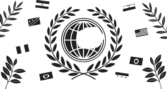 Global unity, international relations, laurel wreath, world map, country flags, vector icons