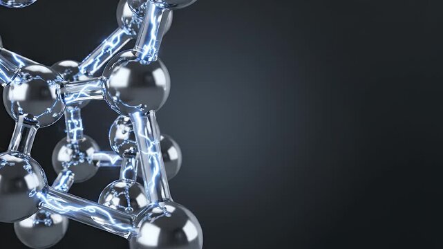 Abstract 3D illustration of a metallic molecular structure with glowing blue energy connections on a dark background
