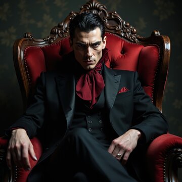 Man dressed in black suit sits in red velvet chair. He has intense stare, dark hair, and wears ascot tie. Mysterious, powerful figure, vampire lord, aristocrat.