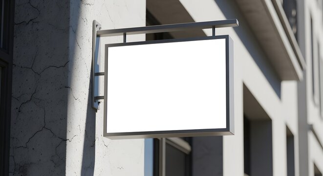 Blank rectangular hanging store sign mockup mounted on a textured concrete wall under bright natural daylight outside a modern urban shop building exterior