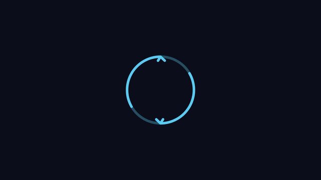 Minimalist loading spinner animation with rotating blue arrows on dark 4k background, progress circle