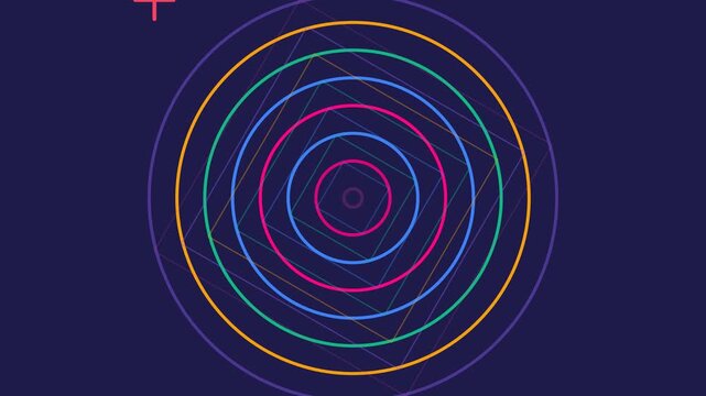 Vibrant concentric circles and squares forming a minimalist geometric pattern