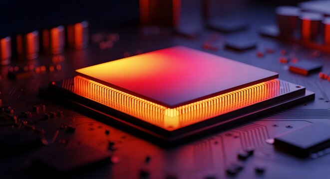 Advanced microchip processor unit mounted on electronic circuit motherboard glowing with vibrant orange heat light in futuristic dark technology computing concept