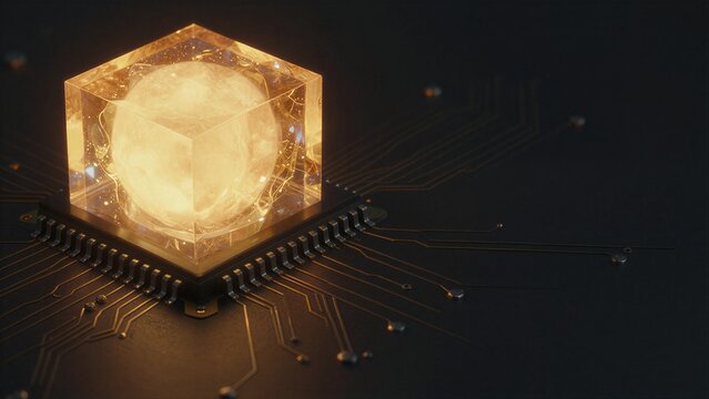 Luminous cube encased in circuit board, glowing with futuristic tech energy.