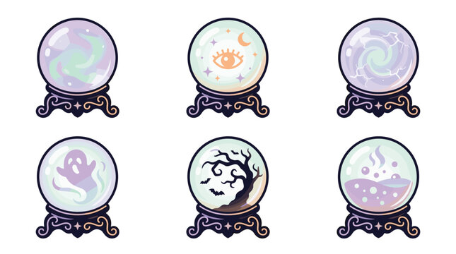 Set of six pixel art crystal balls with magical symbols and swirling patterns, isolated on white background