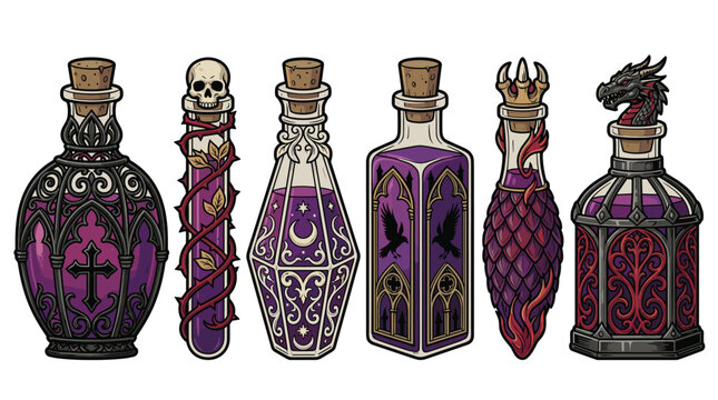 Set of six pixel art potion bottles with ornate gothic designs and fantasy elements like skulls and dragons, perfect for game assets