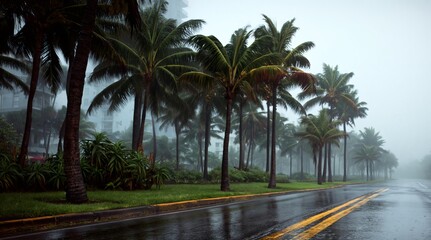 Fototapeta premium Wet asphalt road with double yellow lines on a foggy rainy day. Tropical palm trees in heavy mist and storm conditions. Empty street during bad weather
