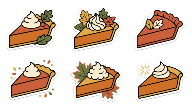 Set of six slices of pumpkin pie with whipped cream and autumn leaves, festive fall dessert illustrations for seasonal decoration