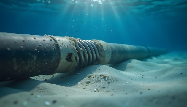 Heavy duty industrial communication cable lying on the sandy seabed of the deep ocean under clear blue water with sunrays